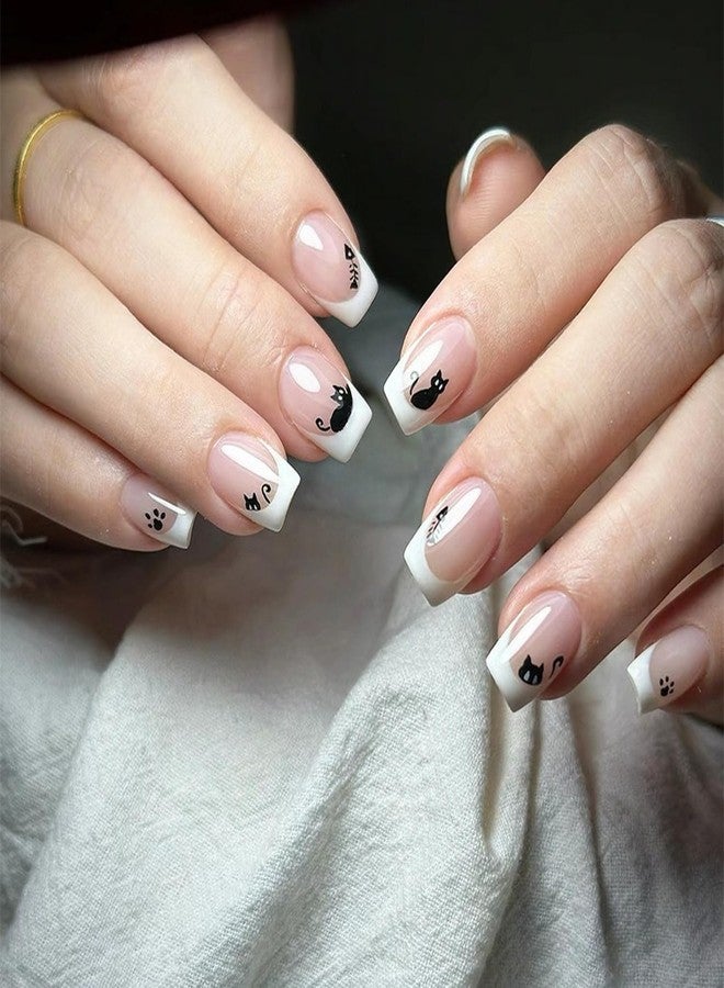 OCOUYVD Hallowen Cat Press on Nails Short Square Shaped French Tip Fake Nails with Cute Cartoon Black Cats and Fish Design Pink Glossy False Nails Full Cover Acrylic Nails for Women - Image 1